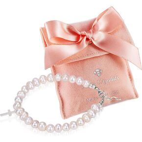 Baby Crystals Beaded Bracelets for Girls, Sterling Silver Charm Cross Bracelet Cultured freshwater Pearl, Toddler Baby Girl, Christening, Communion, Baptism Gifts for Girl