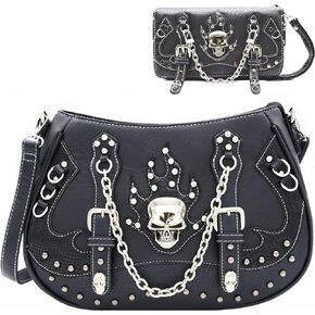 WESTERN ORIGIN Punk Gothic Skull Chain Crossbody Handbag Removable Strap Purse Women Single Shoulder Bag/Wallet Black