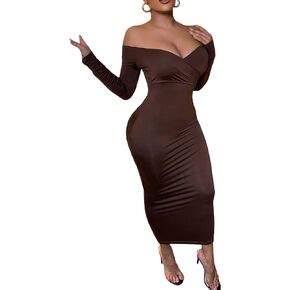 Floerns Women's Off Shoulder Long Sleeve Wrap Party Club Bodycon Long Dress