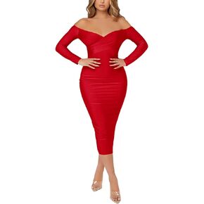Floerns Women's Off Shoulder Long Sleeve Wrap Party Club Bodycon Long Dress