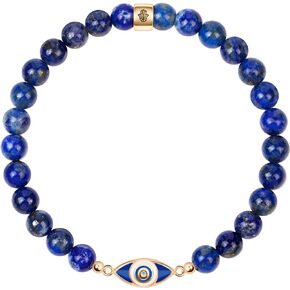 KARMA AND LUCK - Expanding Consciousness - Women's Real Gemstones (Pearl, Lapis Lázuli, Onyx) 925 Sterling Silver - 18K Gold Plated Black Enamel Diamond Chip Evil Eye Charm Stretch Bracelet. Ready to Gift for Her.