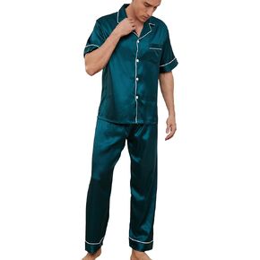 GAESHOW Mens Silk Pajama Set, Short Sleeve Silk Satin Pajamas for Men Soft Mens Loungewear Sets 3 Piece Button Down Pjs Set