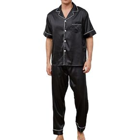 GAESHOW Mens Silk Pajama Set, Short Sleeve Silk Satin Pajamas for Men Soft Mens Loungewear Sets 3 Piece Button Down Pjs Set