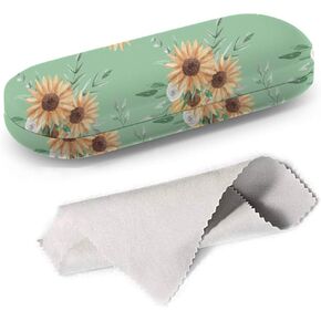 Hard Shell Glasses Protective Case Box + Cleaning Cloth - Fits most Eyeglasses and Sunglasses (Sunflower Green Leaves)