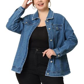 Agnes Orinda Plus Size Denim Jackets for Women Frayed Hem Classic Washed Jean Jacket