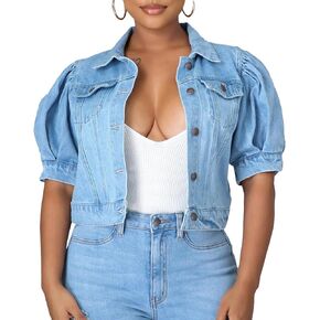 SOMTHRON Women's Cropped Jean Jacket Puff Short Sleeve Button Down Denim Coat Crop Top Outerwear