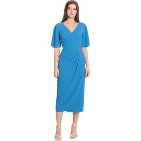 Maggy London Women's Short Flutter Sleeve Faux Wrap Midi Dress