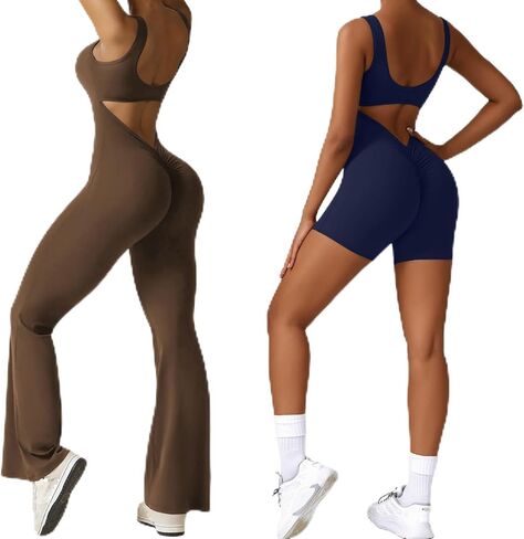 Vertvie Women Sleeveless Flare Jumpsuits Coffee Shorts Romper Blue Sexy Backless V Back Scrunch Butt Bodycon 2Pack in Saudi Arabia