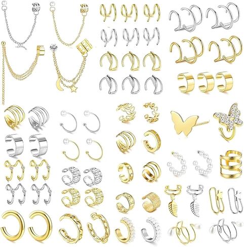 Stylish and Trendy Fancial 66 Pcs Cuff Earrings for Women - Non Piercing, Hypoallergenic Fake Earrings, Silver Clip on in Kuwait