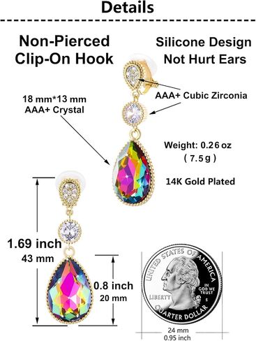 Clip On 18 * 13MM Big Crystal Dangle Non Pierced Earrings for Women Costume Jewelry in Saudi Arabia