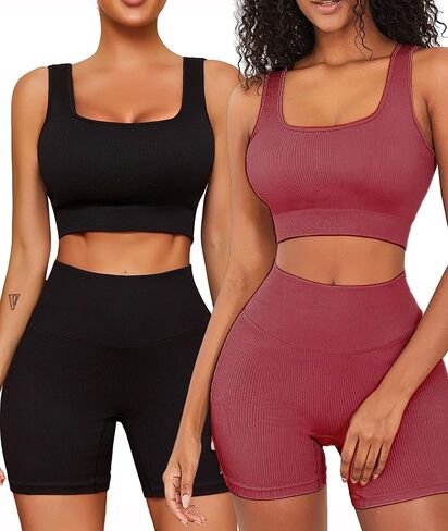 FINETOO Workout Outfits Sets for Women 4 piece Seamless Backless Tank Sport Bra High Waist Short Yoga Gym Matching Active Set in Saudi Arabia