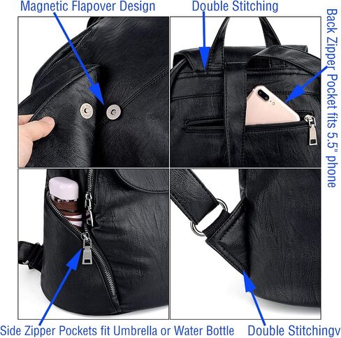 UTO Women Backpack Purse PU Washed Leather Large Capacity Ladies Rucksack Shoulder Bag Black in Saudi Arabia