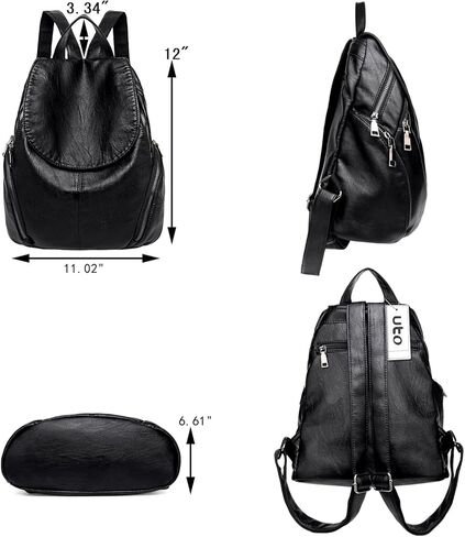 UTO Women Backpack Purse PU Washed Leather Large Capacity Ladies Rucksack Shoulder Bag Black in Saudi Arabia