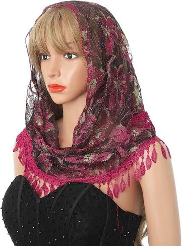 Ursumy Triangle Mantilla Veil Embroidered Catholic Church Veils Infinity Chapel Veil Tulle Scarf Head Covering Latin Mass (Red) in Saudi Arabia