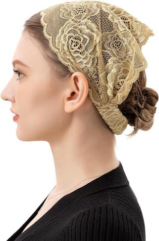 PAMOR Stretchy Rose Lace Headband Floral Headwrap Chapel Veils Latin Mass Head Covering Catholic Church Veil with Bobby Pins (Purple) in Kuwait