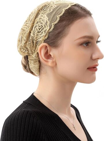 PAMOR Stretchy Rose Lace Headband Floral Headwrap Chapel Veils Latin Mass Head Covering Catholic Church Veil with Bobby Pins (Purple) in Kuwait