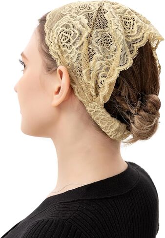 PAMOR Stretchy Rose Lace Headband Floral Headwrap Chapel Veils Latin Mass Head Covering Catholic Church Veil with Bobby Pins (Purple) in Kuwait