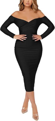 Floerns Women's Off Shoulder Long Sleeve Wrap Party Club Bodycon Long Dress in Saudi Arabia