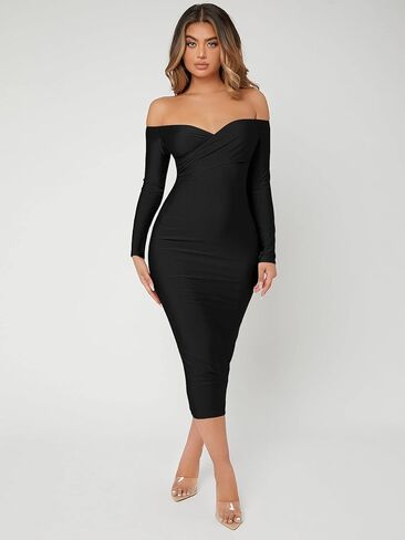 Floerns Women's Off Shoulder Long Sleeve Wrap Party Club Bodycon Long Dress in Saudi Arabia