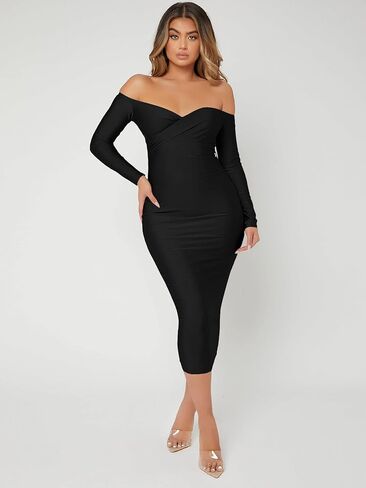 Floerns Women's Off Shoulder Long Sleeve Wrap Party Club Bodycon Long Dress in Saudi Arabia