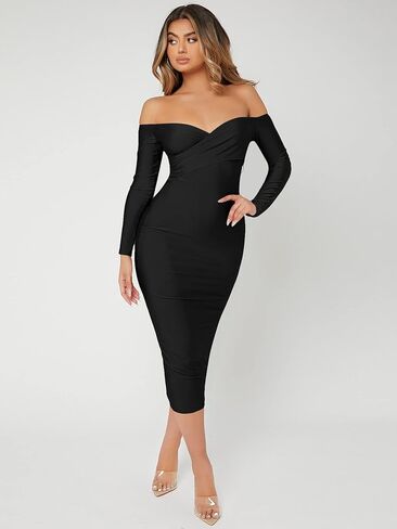 Floerns Women's Off Shoulder Long Sleeve Wrap Party Club Bodycon Long Dress in Saudi Arabia