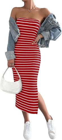 Floerns Women's Striped Strapless Textured Rib Tube Top Dress Split Thigh Bodycon Midi Dresses in Saudi Arabia