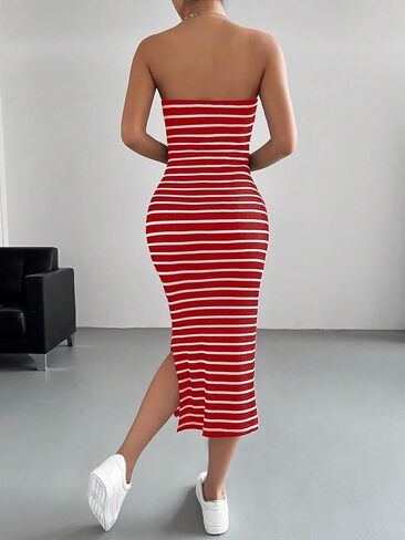 Floerns Women's Striped Strapless Textured Rib Tube Top Dress Split Thigh Bodycon Midi Dresses in Saudi Arabia