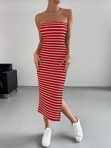 Floerns Women's Striped Strapless Textured Rib Tube Top Dress Split Thigh Bodycon Midi Dresses in Saudi Arabia