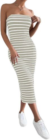 Floerns Women's Striped Strapless Textured Rib Tube Top Dress Split Thigh Bodycon Midi Dresses in Saudi Arabia