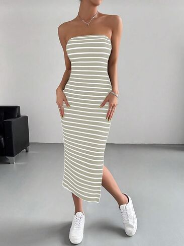 Floerns Women's Striped Strapless Textured Rib Tube Top Dress Split Thigh Bodycon Midi Dresses in Saudi Arabia