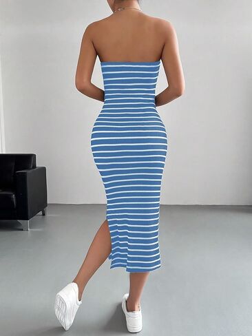 Floerns Women's Striped Strapless Textured Rib Tube Top Dress Split Thigh Bodycon Midi Dresses in Saudi Arabia