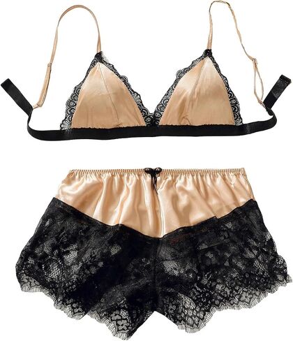 SweatyRocks Women's 2 Piece Lingerie Set Satin Lace Trim Wireless Bra and Floral Lace Boyshorts Panty Set in Saudi Arabia