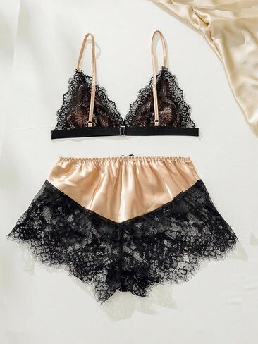 SweatyRocks Women's 2 Piece Lingerie Set Satin Lace Trim Wireless Bra and Floral Lace Boyshorts Panty Set in Saudi Arabia