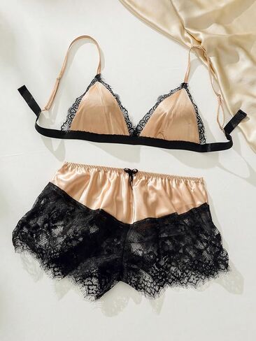 SweatyRocks Women's 2 Piece Lingerie Set Satin Lace Trim Wireless Bra and Floral Lace Boyshorts Panty Set in Saudi Arabia