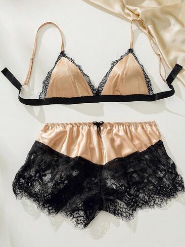 SweatyRocks Women's 2 Piece Lingerie Set Satin Lace Trim Wireless Bra and Floral Lace Boyshorts Panty Set in Saudi Arabia