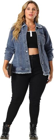 Agnes Orinda Plus Size Denim Jackets for Women Frayed Hem Classic Washed Jean Jacket in Saudi Arabia