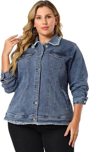 Agnes Orinda Plus Size Denim Jackets for Women Frayed Hem Classic Washed Jean Jacket in Saudi Arabia