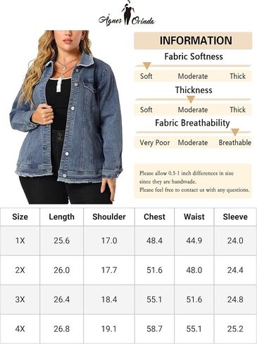 Agnes Orinda Plus Size Denim Jackets for Women Frayed Hem Classic Washed Jean Jacket in Saudi Arabia