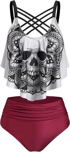DRESSFO Women's Bikini Set High Waisted Bikini Two Piece Bathing Suit Tummy Control Tankini Gothic Skull Swimsuit in Saudi Arabia
