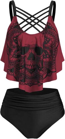 DRESSFO Women's Bikini Set High Waisted Bikini Two Piece Bathing Suit Tummy Control Tankini Gothic Skull Swimsuit in Saudi Arabia