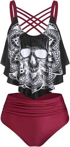 DRESSFO Women's Bikini Set High Waisted Bikini Two Piece Bathing Suit Tummy Control Tankini Gothic Skull Swimsuit in Saudi Arabia