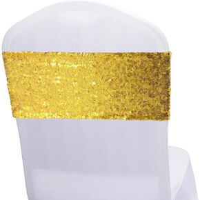 KEILEOHO 60 Pack 14 x 6 Inches Sequin Chair Sashes, Stretch Chair Bands, Gold Sash Band Chair Ties Decorative Glitter Bands for Event Chair Cover, Wedding, Banquet, Party
