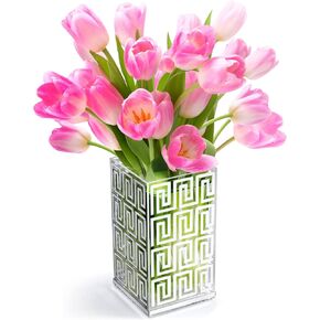 Acrylic Flower Vase, Clear & Blush Pink Mirror Checkered Design Large Vase, Great Vases for Room Décor, Home Décor, Wedding, Table Centerpieces & Home Decorations for Living Room | 9.4’’ Tall