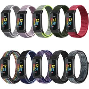 10 Packs Nylon Band Compatible with Fitbit Charge 5/ Charge 6 for Women Men, Adjustable Sport Stretchy Braided Solo Loop Strap for Fitbit Charge 5/6