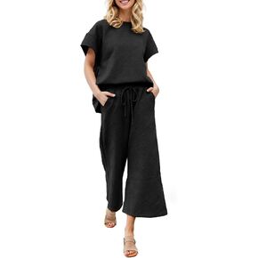 IFFEI Two Piece Sets for Women Summer Casual Lounge Sets Short Sleeve Pullover Tops and Wide Leg Pants Sweatsuit Set
