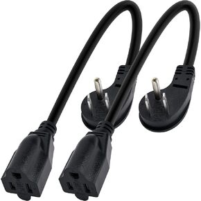 8 inch S Flat Plug Short Power Extension Cord Outlet Saver 2 Pack, Low Profile 3 Prong Power Cable Strip, 45 Degree Plug Design, Male Plug to Female Socket Adapter, ETL Listed, 16AWG, SJTW 13A 1625W