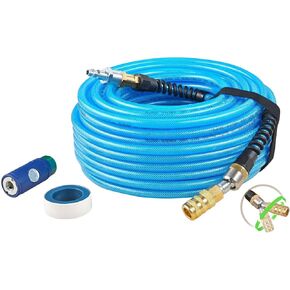 Air Compressor Hose 1/4 Inch x 100 Feet Flexible Reinforced Smooth Polyurethane(PU) Air Hose 300PSI, Non-Kinking Design, 1/4" 360 Swivel Brass Coupler and Plug,1PCS Safety Coupler, Blue