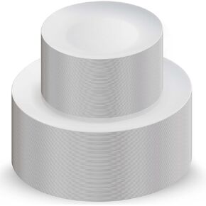 Munfix 100 White Plastic Plates Set, 50 Pcs 10.25 Inch Plastic Dinner Plates and 50 Pcs 7.5 Inch Plastic Dessert Plates, Elegant Fancy Heavy Duty Disposable Plates for Party, Wedding, White