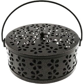 E-outstanding Retro Bronze Portable Iron Mosquito Coil Holder Round Fireproof License Holder Hangable Outdoor Home Hollow Mosquito Incense Plate Box with Handle for Home Office Camping