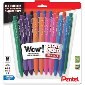 Pentel Wow! Retractable Ballpoint Pen, (1.4mm) Bold Line, Assorted Ink Colors, 18 Pack
